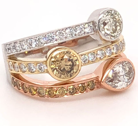 Three Row Ring Band with  White round diamond, Pink pear shape  diamond and Yellow round diamond
