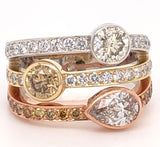 Three Row Ring Band with  White round diamond, Pink pear shape  diamond and Yellow round diamond