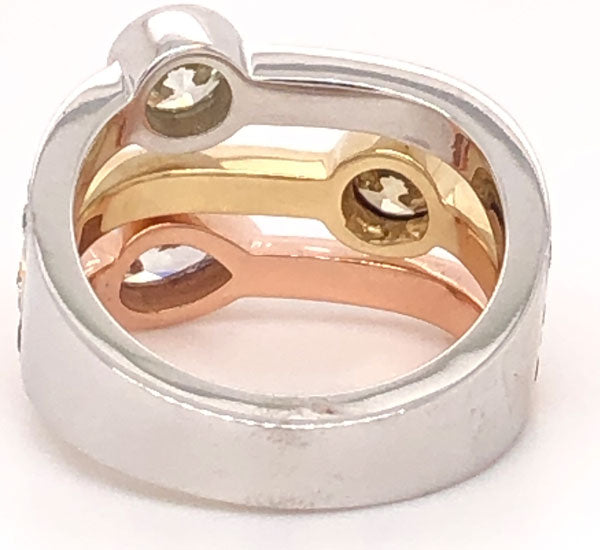 Three Row Ring Band with  White round diamond, Pink pear shape  diamond and Yellow round diamond