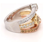 Three Row Ring Band with  White round diamond, Pink pear shape  diamond and Yellow round diamond