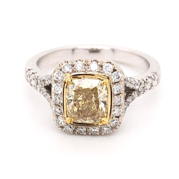 Halo Ring Center Diamond Natural Fancy  Yellow Cushion.