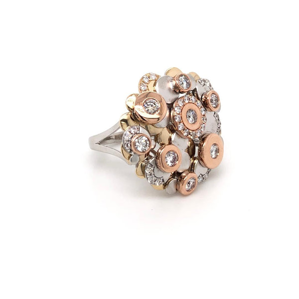 Cocktail Ring three tone yellow, rose and white gold. 14k