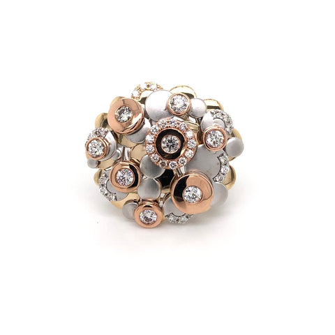 Cocktail Ring three tone yellow, rose and white gold. 14k