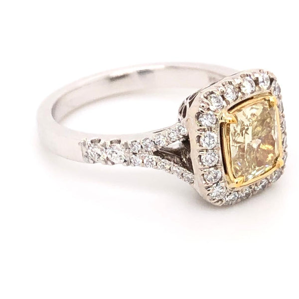 Halo Ring Center Diamond Natural Fancy  Yellow Cushion.